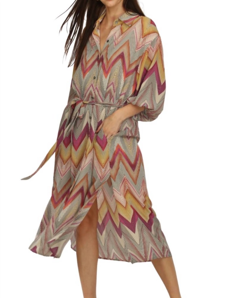 Front of a model wearing a size L Midi Shirt Dress In Luxe Print in Luxe Print by Veronica M. | dia_product_style_image_id:358354